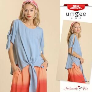 Umgee Cold Shoulder Round Neck Side Slits Tie-able Knot Details Blouse | Blue